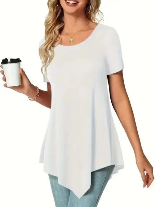 Women's Casual Loose Fit Round Neck T-Shirt - Summer Solid Kolor Crewneck Tee