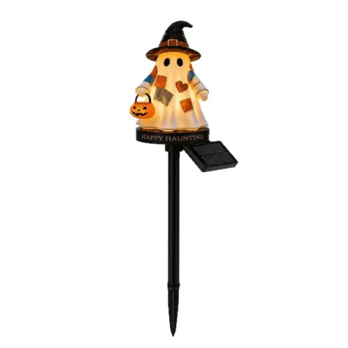 Solar Lighted Patchwork Ghost Halloween Garden Stake - Waterproof Outdoor LED Pathway Light with Witch Hat & Pumpkin Bucket