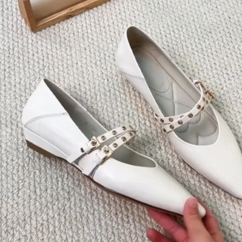 Women's Chic Studded Pointed-Toe Mary Jane Flats – Elegant Low-Heel Slip-On Shoes