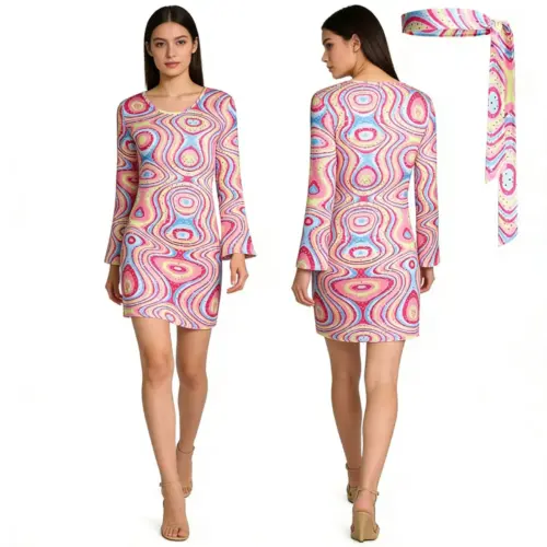 Women's Pink Long Sleeve Cosplay Dress Set - Relaxed Fit Milk Silk Crew Neck Costume with Matching Headdress