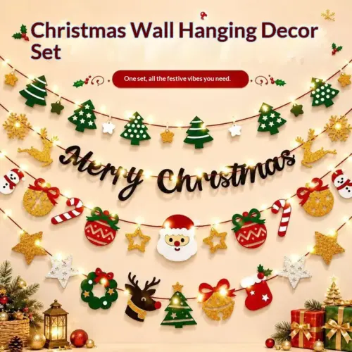 Festive Christmas Felt Banner Garland with LED String Lights – Holiday Bunting Wall & Window Hanging Decor