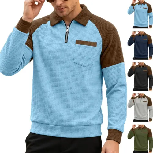 Men's Waffle Knit Half-Zip Polo Shirt - Oversized Color-Block Sweatshirt with Chest Pocket