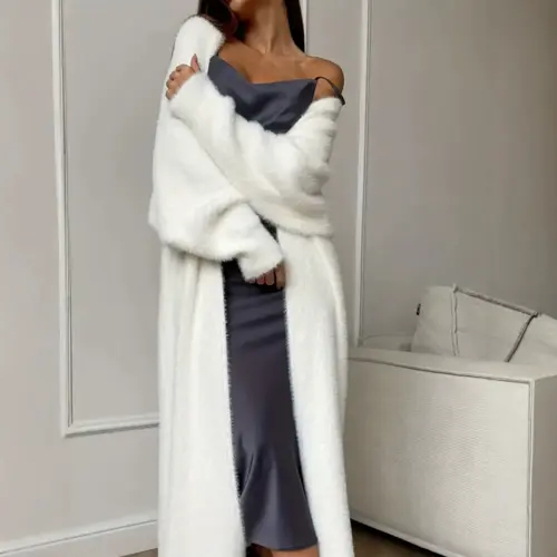 Women's Oversized Faux Mink Fur Long Knit Cardigan - Fluffy Open Front Plush Sweater Coat