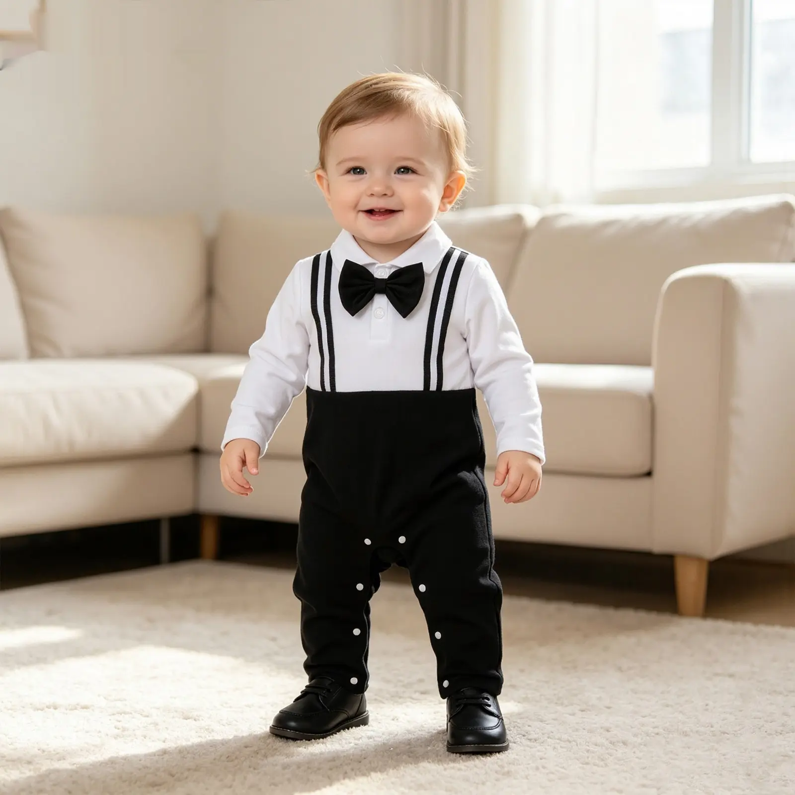 Baby Gentleman Long-Sleeve Romper and Bow Tie Set – Formal Infant Jumpsuit