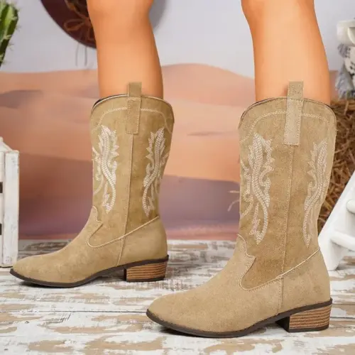 Women's Western Cowboy Riding Boots - Mid-Calf Flat Boots with Cutout Detail