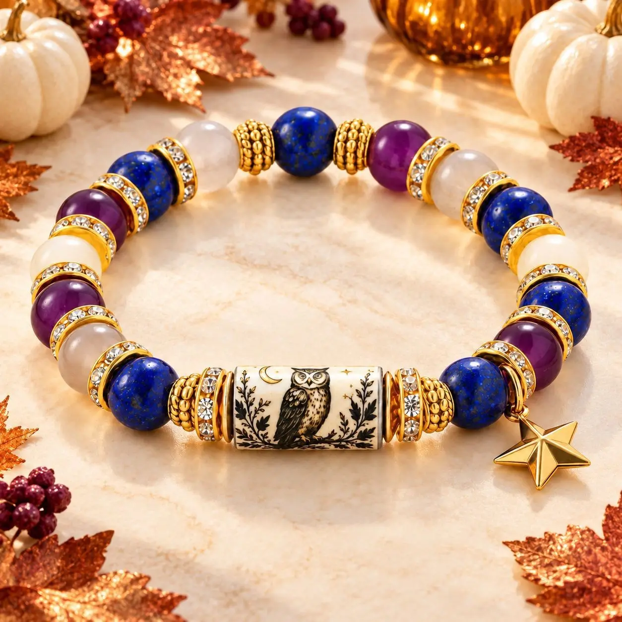 Autumn Harvest Beaded Stretch Charm Bracelet – Rustic Deer, Owl & Bull Head Holiday Jewelry