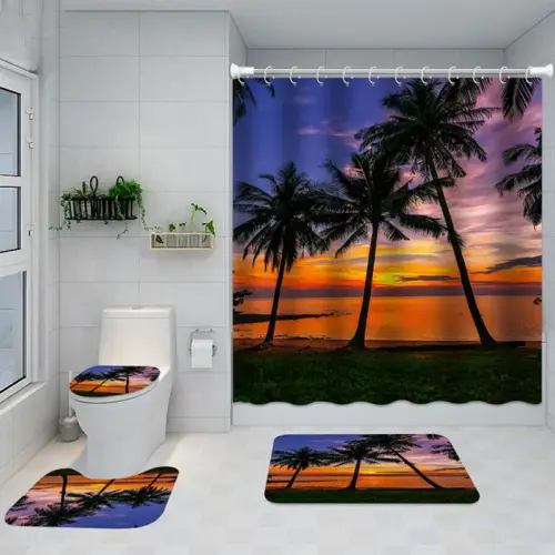 4-Piece Waterproof Shower Curtain and Non-Slip Bath Mat Set - Quick-Dry Bathroom Decor
