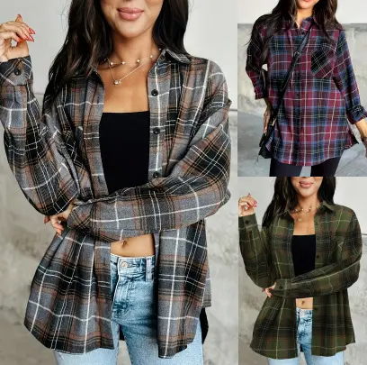 Artistic Vintage Plaid Patchwork Long-Sleeve Shirt – Casual Relaxed-Fit Brushed Blouse