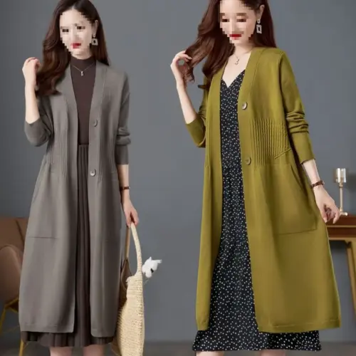 Women's Elegant Autumn Winter Long Cardigan Sweater with Pockets - Classic Button-Front Knit Outerwear