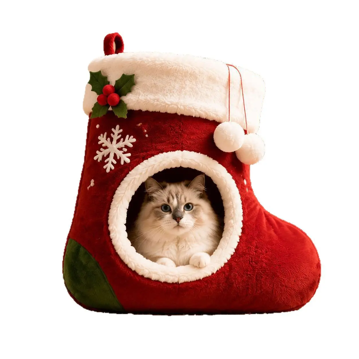 Festive Christmas Stocking Cat Bed – Cozy Hanging Plush Cat Cave & Non-Slip Winter Pet House