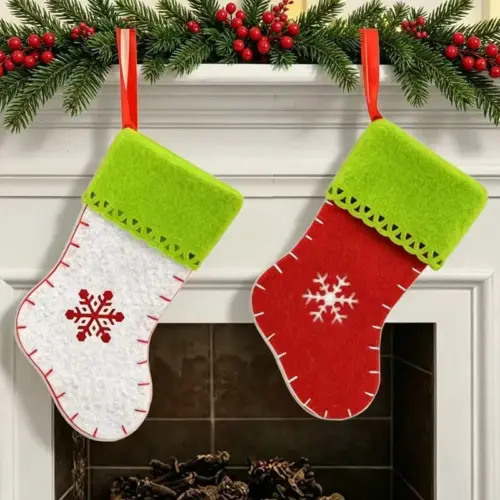 Festive Red & Green Snowflake Felt Christmas Stocking Ornament – Holiday Tree & Mantel Decoration