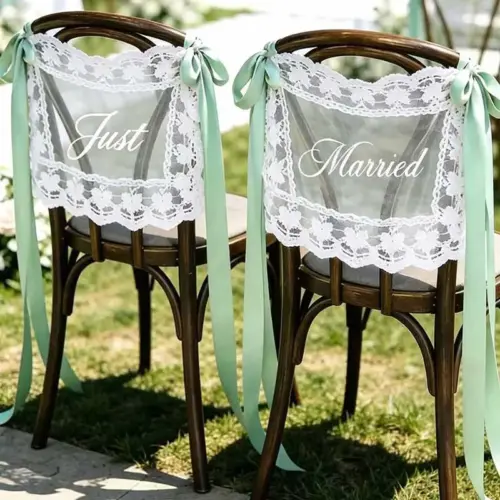 Rustic 'Just Married' Wedding Chair Back Decorations - Elegant Off-White Lace Gauze Sashes for Bride & Groom Sweetheart Table (Set of 2)