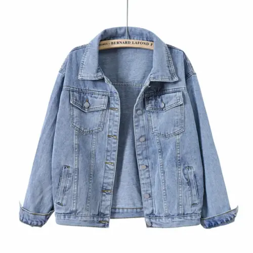 Women's Vintage Distressed Blue Denim Jacket - Classic Loose-Fit Jean Coat