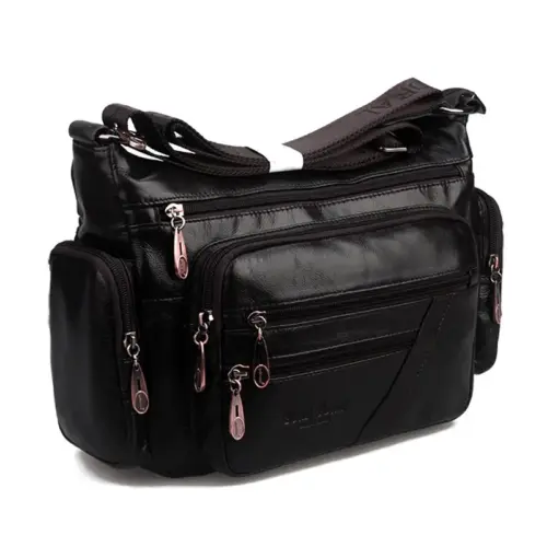 Premium Genuine Cowhide Leather Crossbody Bag for Women – Classic Multi-Pocket Shoulder Bag (Coffee)