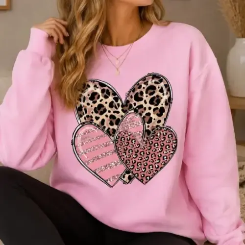 Women's Leopard Print Heart Graphic Long Sleeve T-Shirt - Casual Cotton Pullover Top