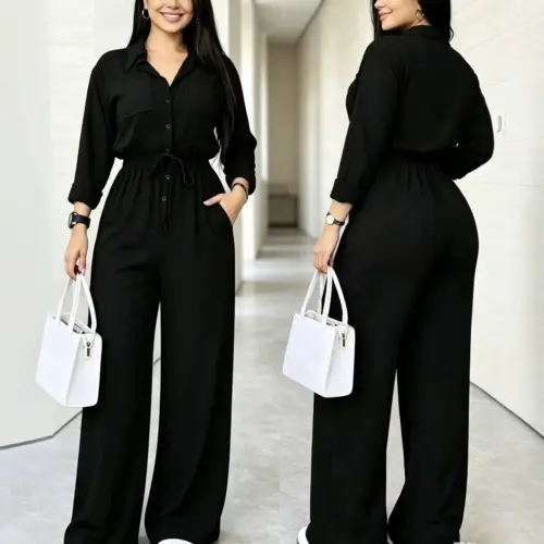 Women's Elegant Long Sleeve Shirt-Style Jumpsuit – Chic Waist-Tie Straight-Leg One-Piece