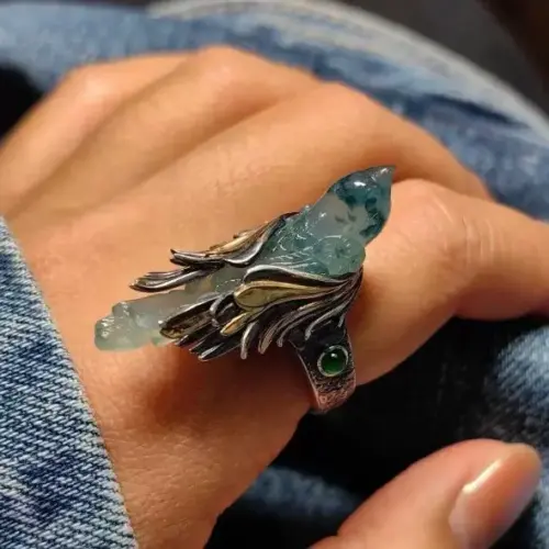 Vintage Flying Bird Open Ring for Women – Antique Chinese-Style Leaf & Nature Adjustable Statement Ring