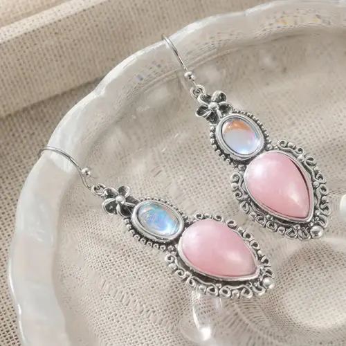 Vintage Blush & Opal Color Teardrop Earrings – Elegant Antique Silver-Tone Floral Boho Drop Earrings for Women