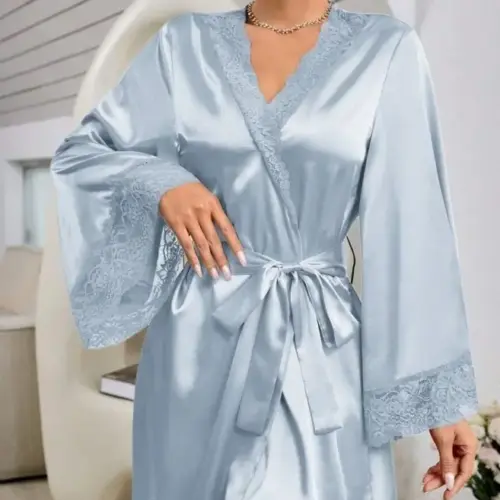 Women's Elegant Faux-Silk Satin Robe – Lightweight Long Sleeve Lace Trim Loungewear