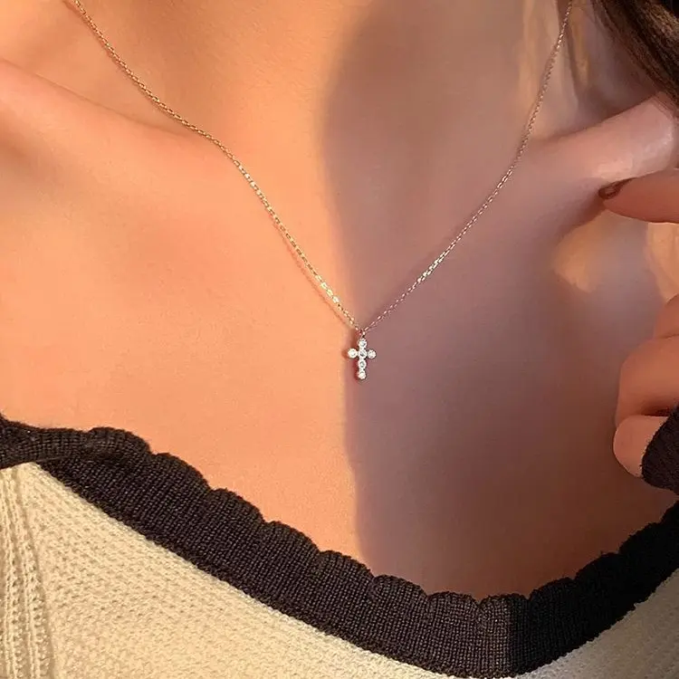 Dainty Bezel Crystal Cross Necklace for Women – S925 Sterling Silver Minimalist Clavicle Chain Pendant