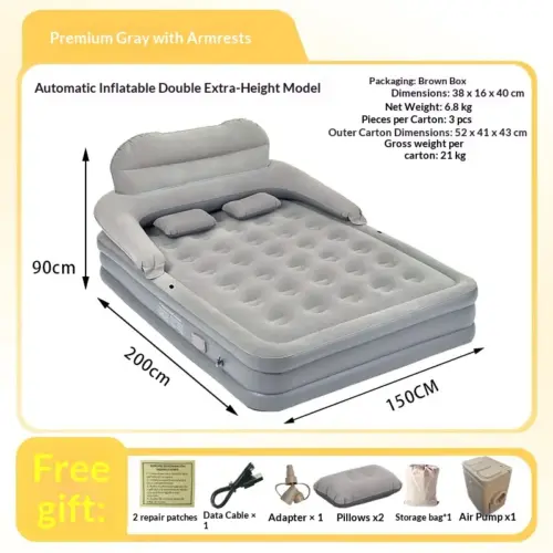 Deluxe Double Self-Inflating Air Mattress with Built-in Electric Pump & Integrated Backrest (150x200cm)