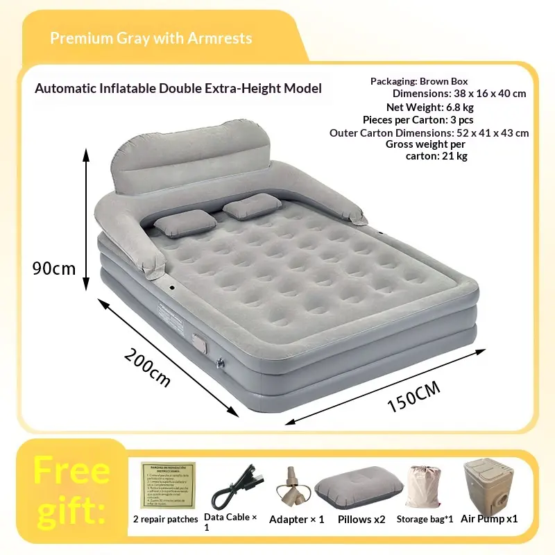 Deluxe Double Self-Inflating Air Mattress with Built-in Electric Pump & Integrated Backrest (150x200cm)