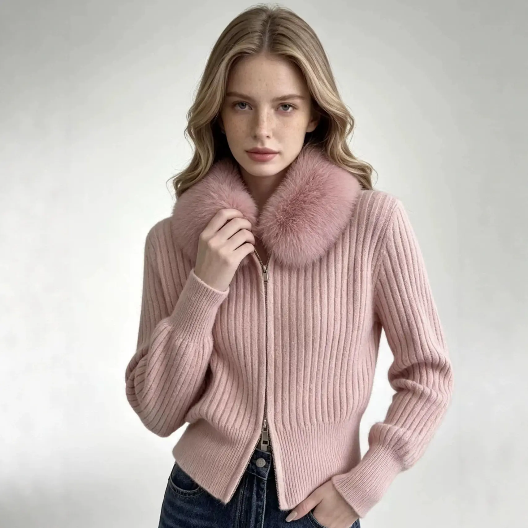 Women's Elegant Knitted Cardigan with Plush Fur Collar - Cozy Loose Fit Long Sleeve Sweater