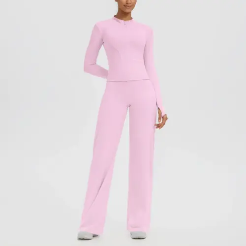Women's 2-Piece Athleisure Set – Sleek Zip-Up Jacket & Hip-Lifting Wide-Leg Pants