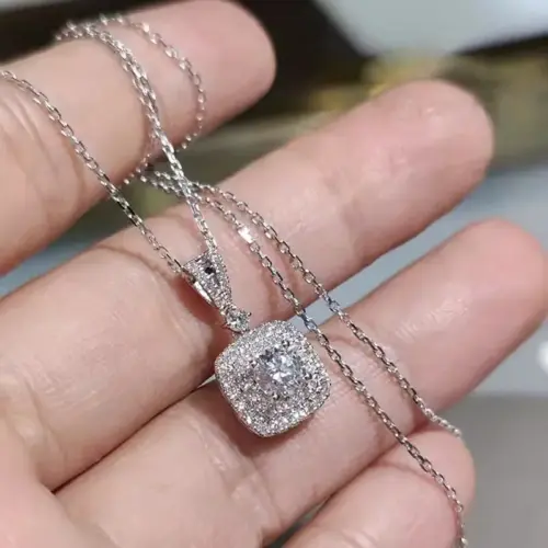 Elegant Square Halo Crystal Pendant Necklace - Silver Plated Geometric Bridal & Evening Jewelry for Women