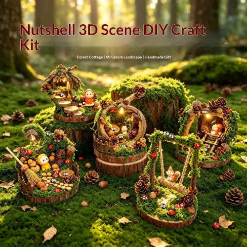 DIY Natural Pine Wood Micro-Landscape Craft Kit – Miniature Forest & Shell Architectural Model with Ambient Light
