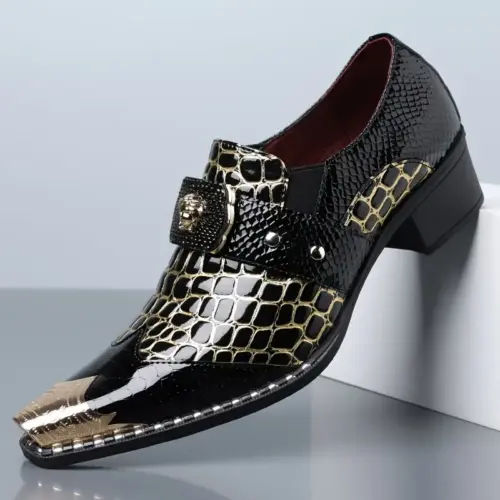 Men's Luxury Crocodile Embossed Monk Strap Dress Shoes | Metal Pointed Toe Chunky Heel Party Slip-Ons