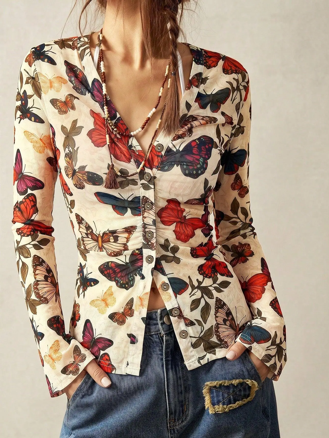 Women's Retro Butterfly Print V-Neck Long Sleeve Blouse - Elegant Slim Fit Pleated Top