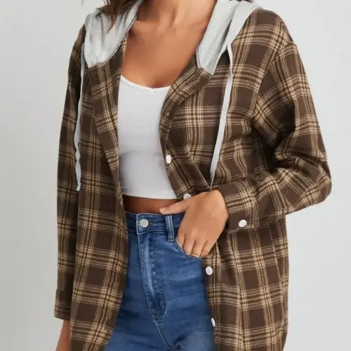 Women's Plaid Hooded Button-Down Cardigan – Loose Fit Color-Block Casual Sweater Coat