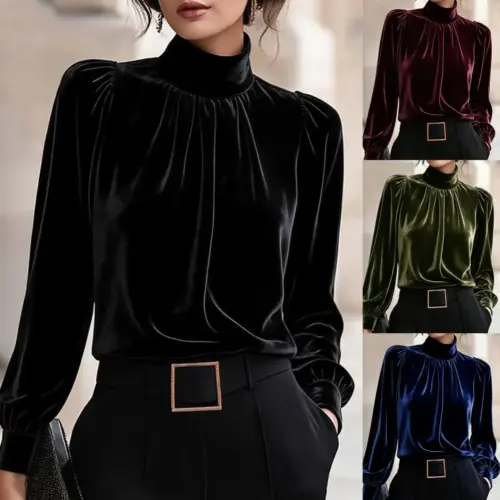 Women's French Retro Velvet Blouse – Elegant High Neck Puff Long Sleeve Top