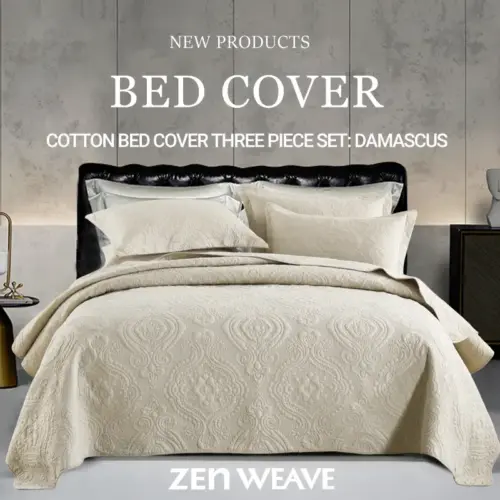 Luxury 3-Piece Damascus Quilted Bedspread Set – 100% Cotton Reversible All-Season Coverlet