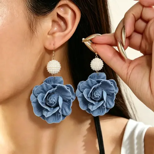 Floral Denim and Pearl Statement Earrings – Chic Textured Floral Drop Earrings for Women