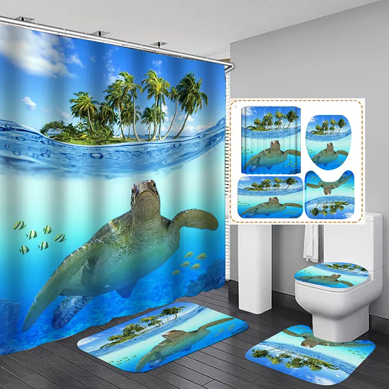 4-Piece Bathroom Decor Set – Waterproof Fabric Shower Curtain with Matching Non-Slip Bath Rugs