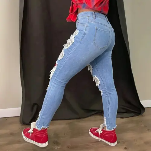 Women's High-Waisted Distressed Skinny Jeans with Red Plaid Patchwork