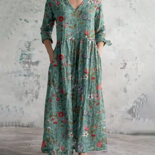 Elegant Floral Print Long-Sleeve Midi Dress – Chic Women's Botanical Fashion