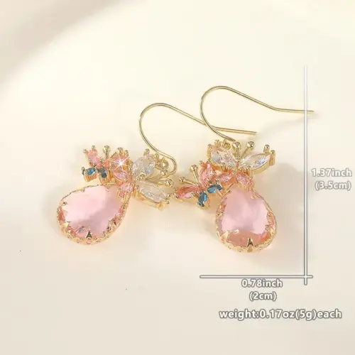 Elegant Rose Butterfly Teardrop Crystal Drop Earrings for Women – Sparkling Gold-Tone Statement Jewelry