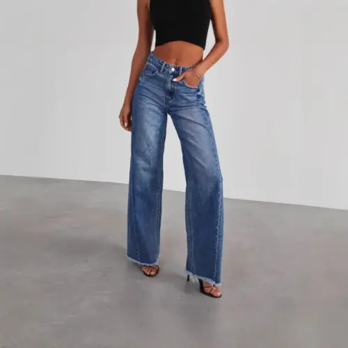 Women's Casual Wide-Leg Jeans – Relaxed Fit Washed Straight-Leg Denim Floor-Length Pants