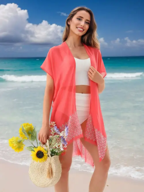 Women's Embroidered Beach Kimono Cardigan – Lightweight Swimsuit Cover Up with Side Slits