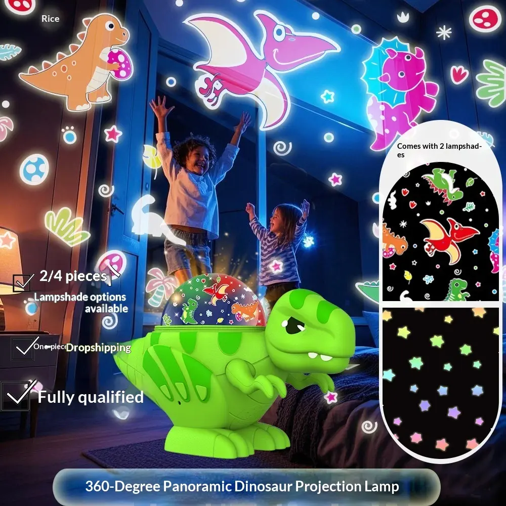 Creative Dinosaur Projection Lamp – USB Powered LED Night Light with 2 Interchangeable Projection Shades for Kids Room & Holiday Gift