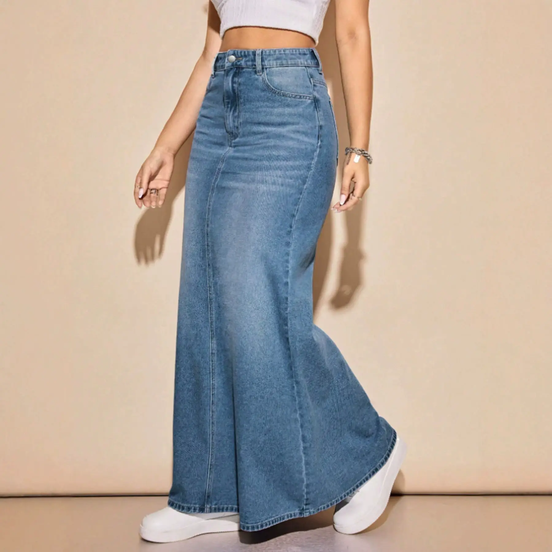 Women's Light Blue Washed A-Line Denim Skirt - Casual Distressed Fit with Back Slit