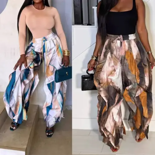 Women's Ruffle-Trim Contrast Kolor Casual Trousers - Flowy Loose-Fit Streetwear Pants