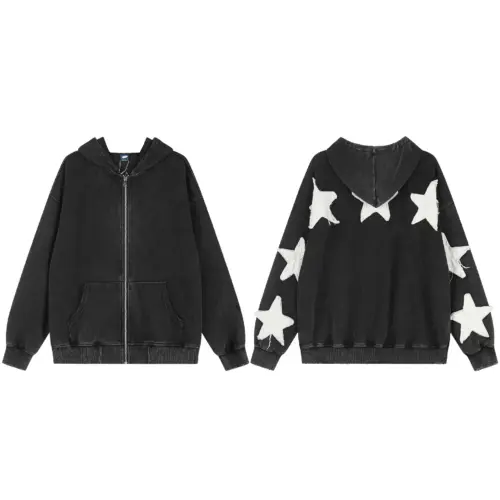 Men's Vintage Distressed Star Patch Zip-Up Hoodie – Casual Loose Fit Cotton Streetwear Sweatshirt