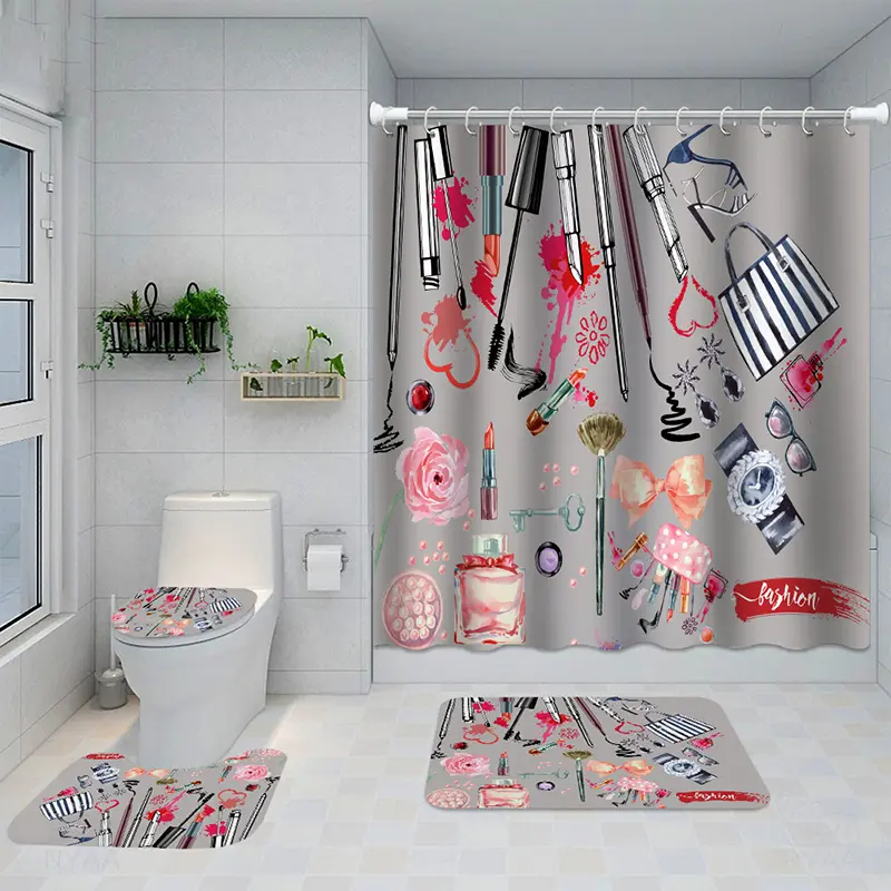 Luxury 4-Piece Bathroom Set - Waterproof 3D Printed Shower Curtain & Non-Slip Bath Mat Set