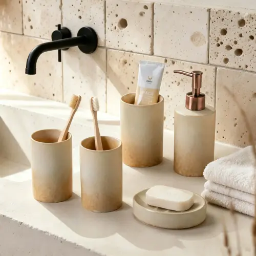 Wabi-Sabi Ceramic Bathroom Accessories Set – Rustic Kiln-Glazed Pottery Decor