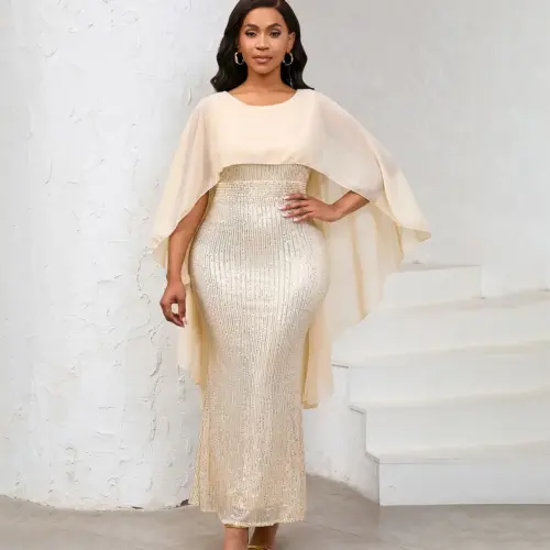 Elegant Sequined Bodycon Maxi Dress with Flowing Chiffon Cape