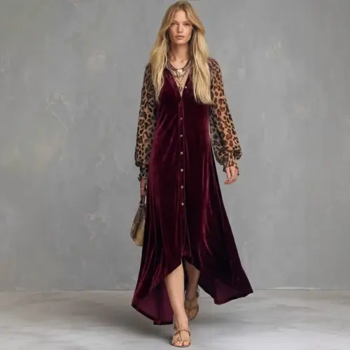 Women's Vintage Velvet Leopard Print Patchwork Midi Dress with Pockets